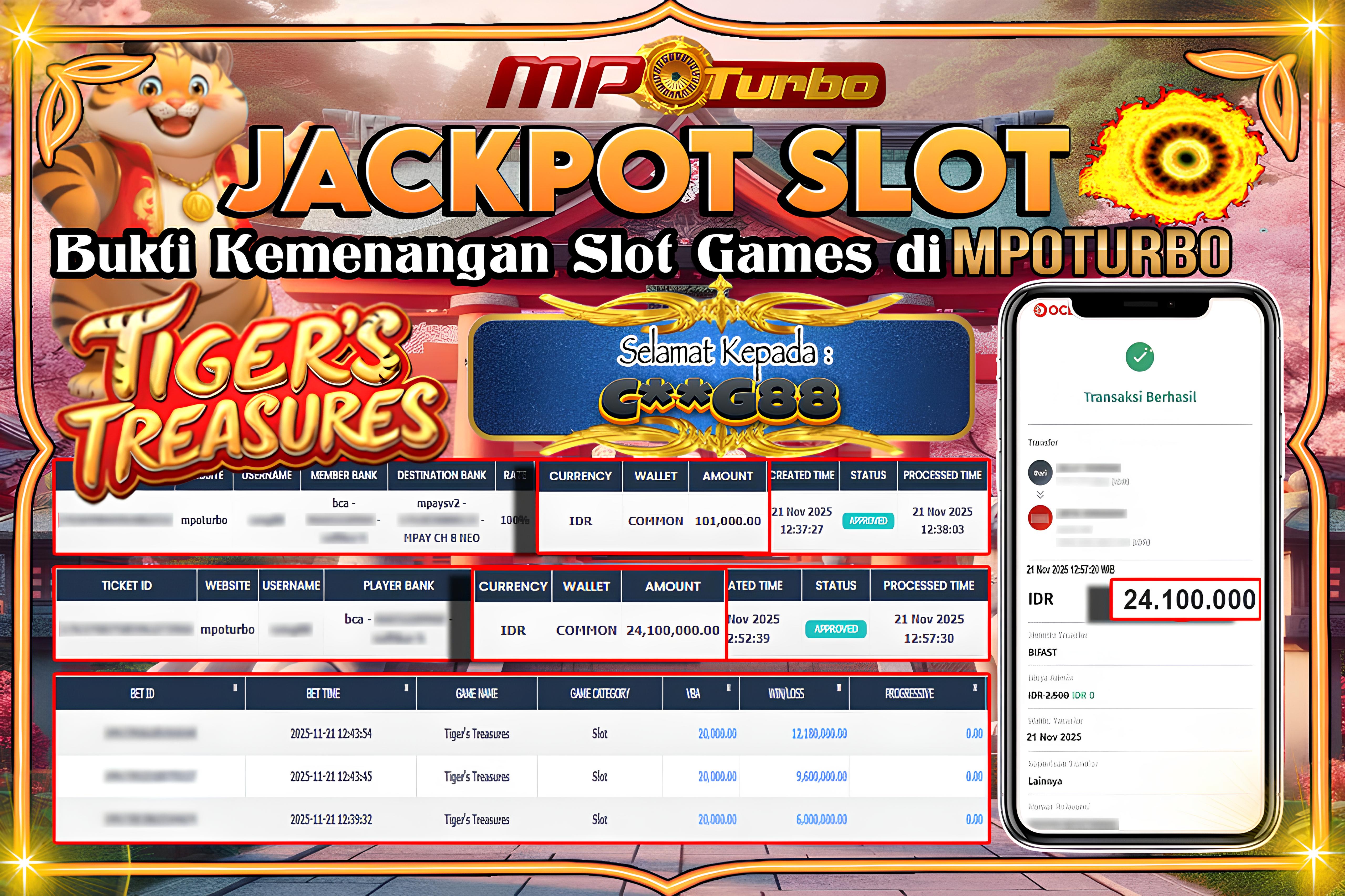 MPOTURBO JACKPOT TIGER'S TREASURES - MICROGAMING Rp 24,100,000.00,- LUNAS